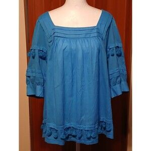 NWOT CHICO'S WOMEN'S Boho  BLOUSE  TOP  POM-POMs  Blue  Size3.5   XL